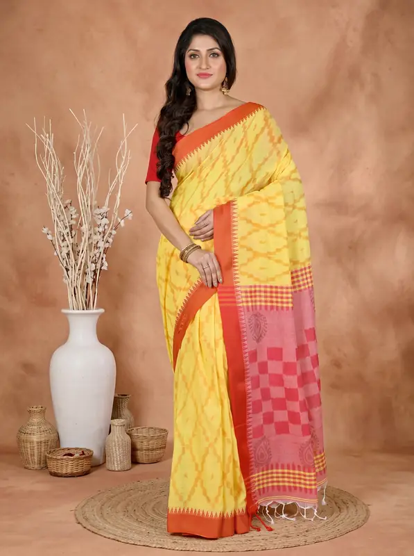 DipDiya Pure Cotton Yellow Red Seuma Timeless Bengal Handloom Sarees