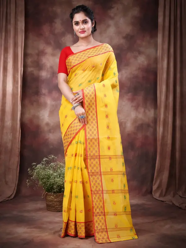 DipDiya Pure Cotton Yellow Reese Traditional Bengali Tant Sarees