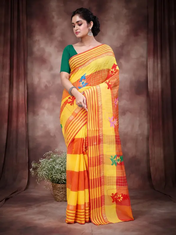 DipDiya Pure Cotton Yellow Rivka Bengal in Every Thread Embroidery Tant Sarees