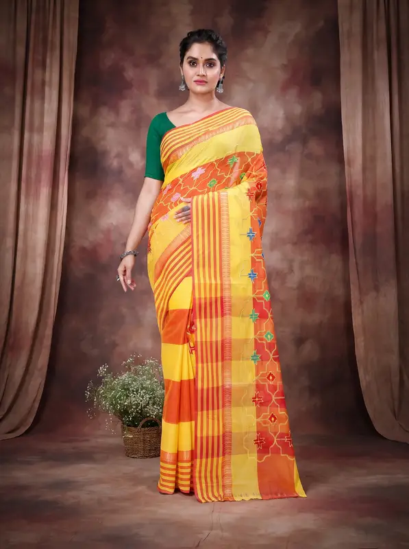 DipDiya Pure Cotton Yellow Ruby Bengal’s Legacy Embroidery Tant Sarees