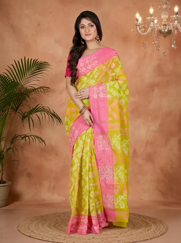 DipDiya Pure Cotton Yellow Semata Handcrafted Elegance Tant Sarees