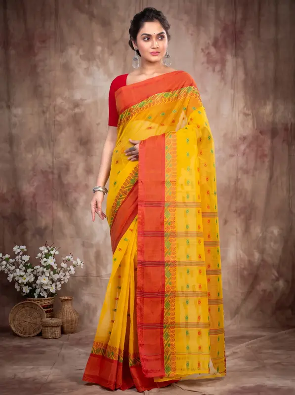 DipDiya Pure Cotton Yellow ToraPar Artisan Crafted Tant Sarees