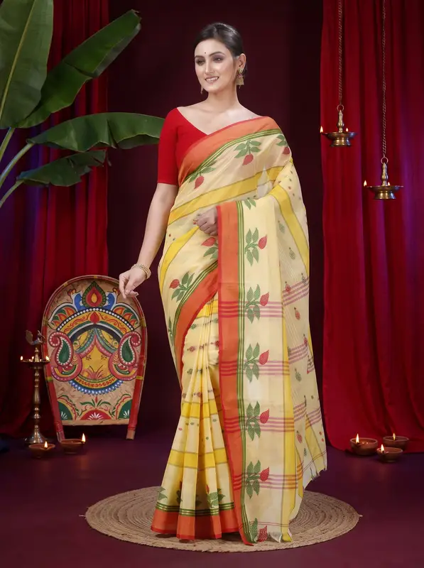 DipDiya Pure Cotton Yellow Udichi Heritage Elegance Tant Sarees