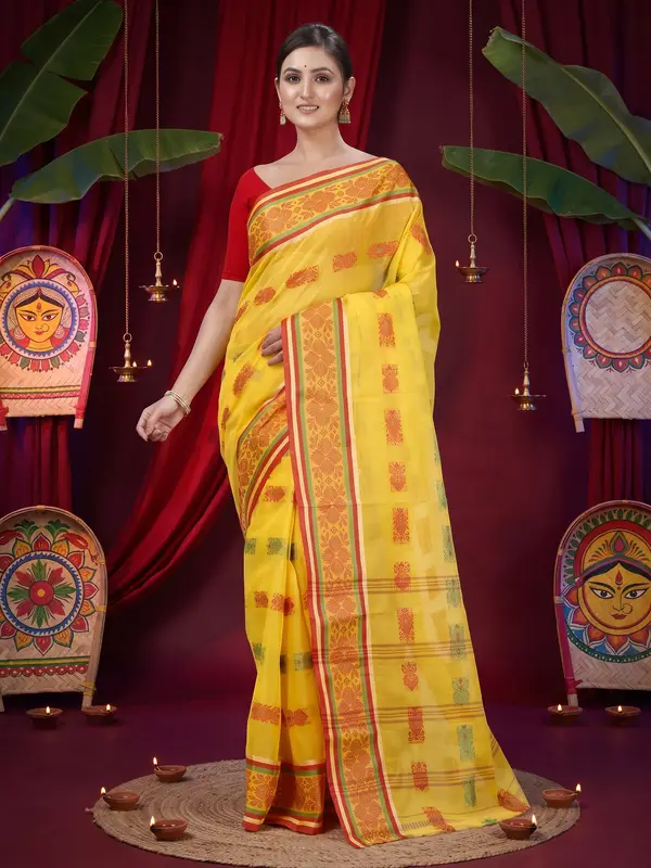 DipDiya Pure Cotton Yellow Uditi Bengal’s Tradition Tant Sarees