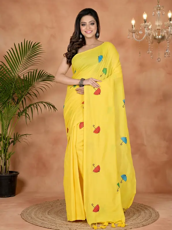 DipDiya Pure Cotton Yellow Umber Than Woven with Love Embroidery Handloom sarees