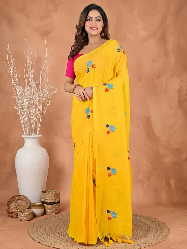 DipDiya Pure Cotton Yellow Umkor Than Rooted in Bengal Embroidery Handloom sarees