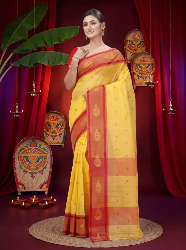 DipDiya Pure Cotton Yellow Upala Regal Bengali Tant Sarees