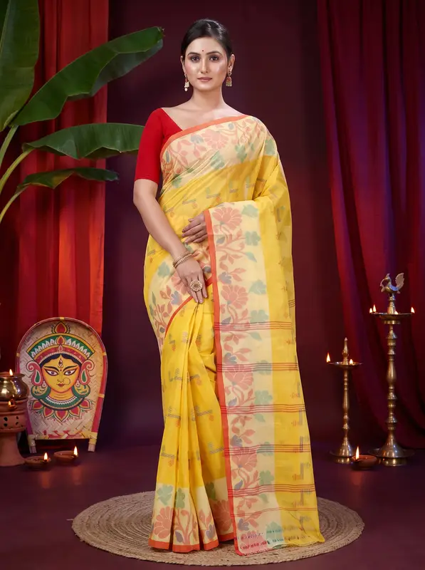 DipDiya Pure Cotton Yellow Urva Crafted in Bengal Tant Sarees