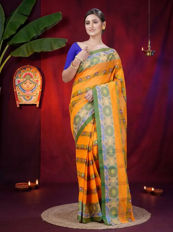 DipDiya Pure Cotton Yellow Uttara Bengal in Every Thread Tant Sarees