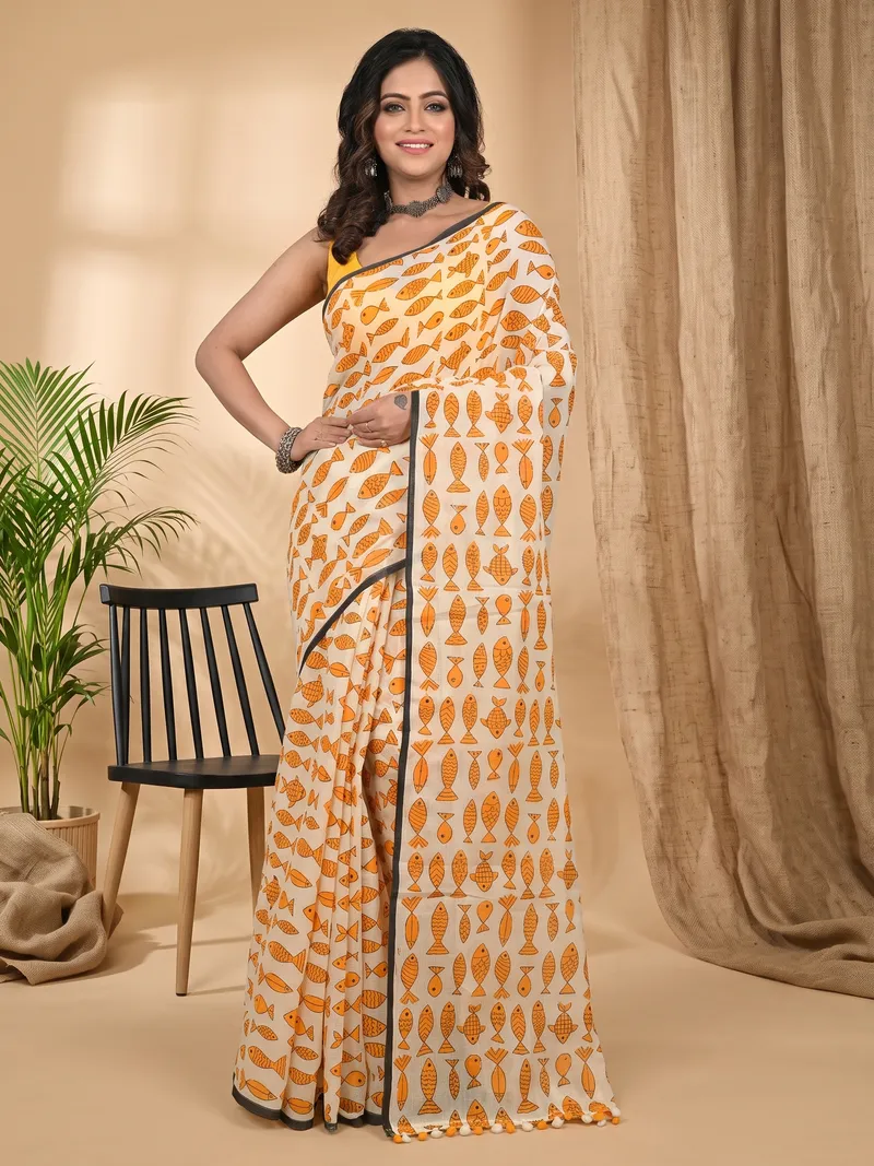 DipDiya Pure Cotton Yellow White Achdik Grace of Bengal Kalamkari Printed Sarees