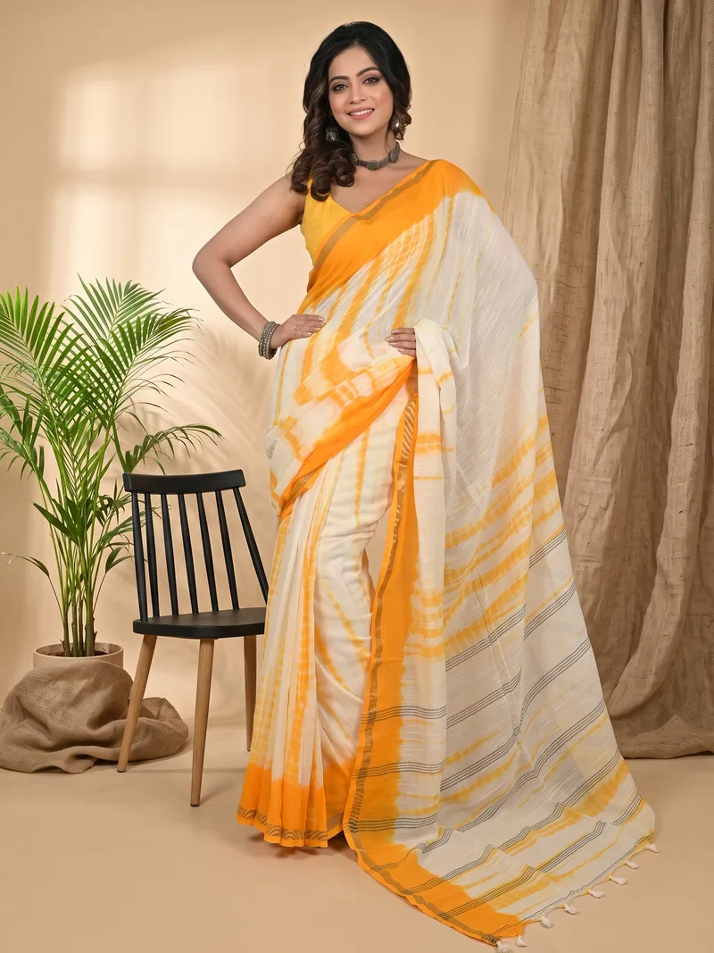 DipDiya Pure Cotton Yellow White Achmol Essence of Bengal Badhni Dye Sarees