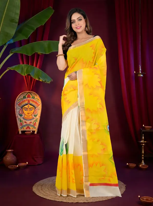 DipDiya Pure Cotton Yellow White Hataka Handcrafted Elegances Hand Painted Sarees
