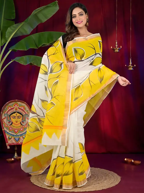 DipDiya Pure Cotton Yellow White Hataka Heritage of Bengals Hand Painted Sarees