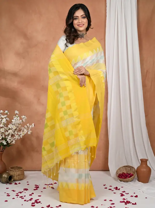 DipDiya Pure Cotton Yellow White Hiran Timeless Elegance Handloom Sarees
