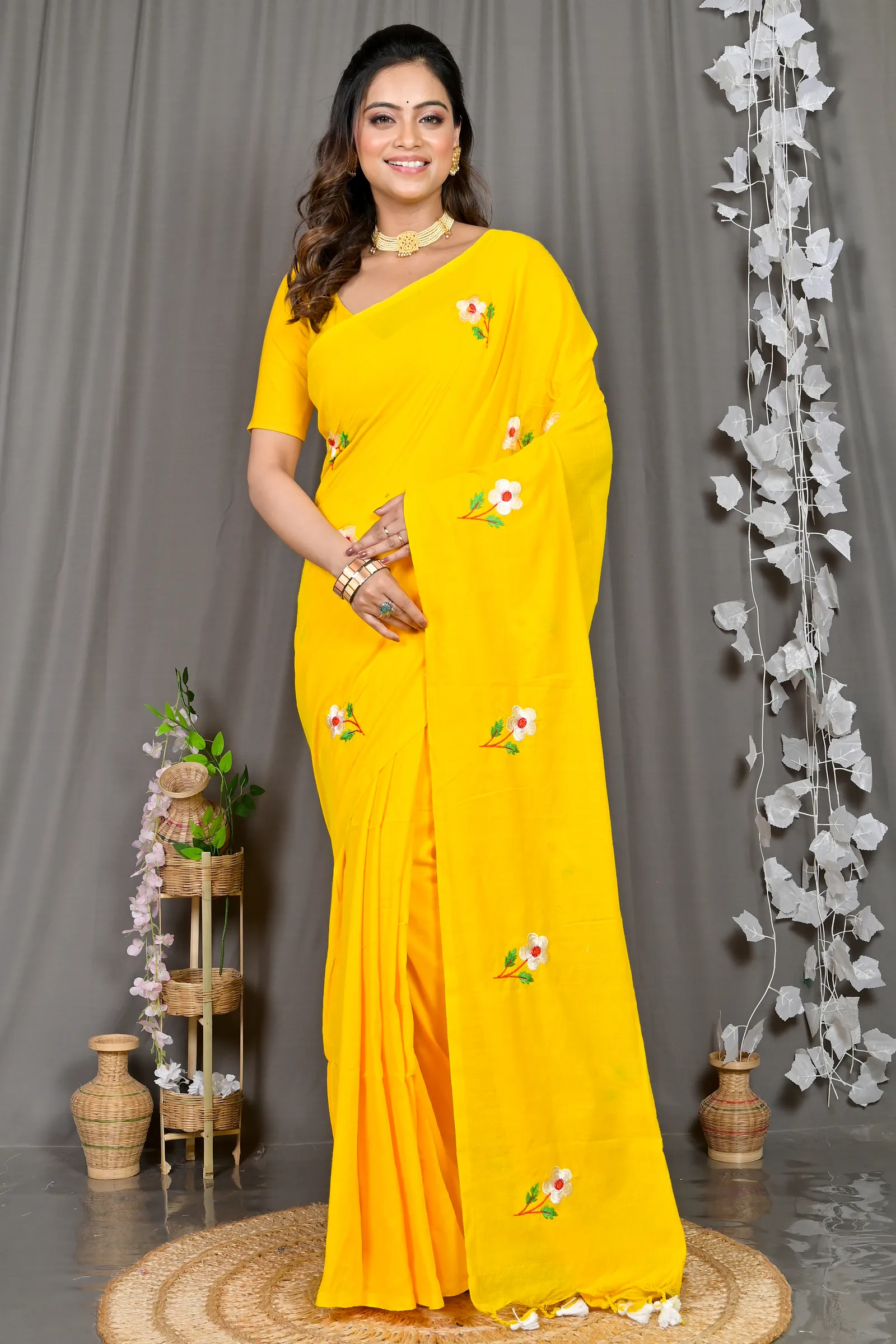 Yellow Pure Cotton Paray Embroidery Handloom saree