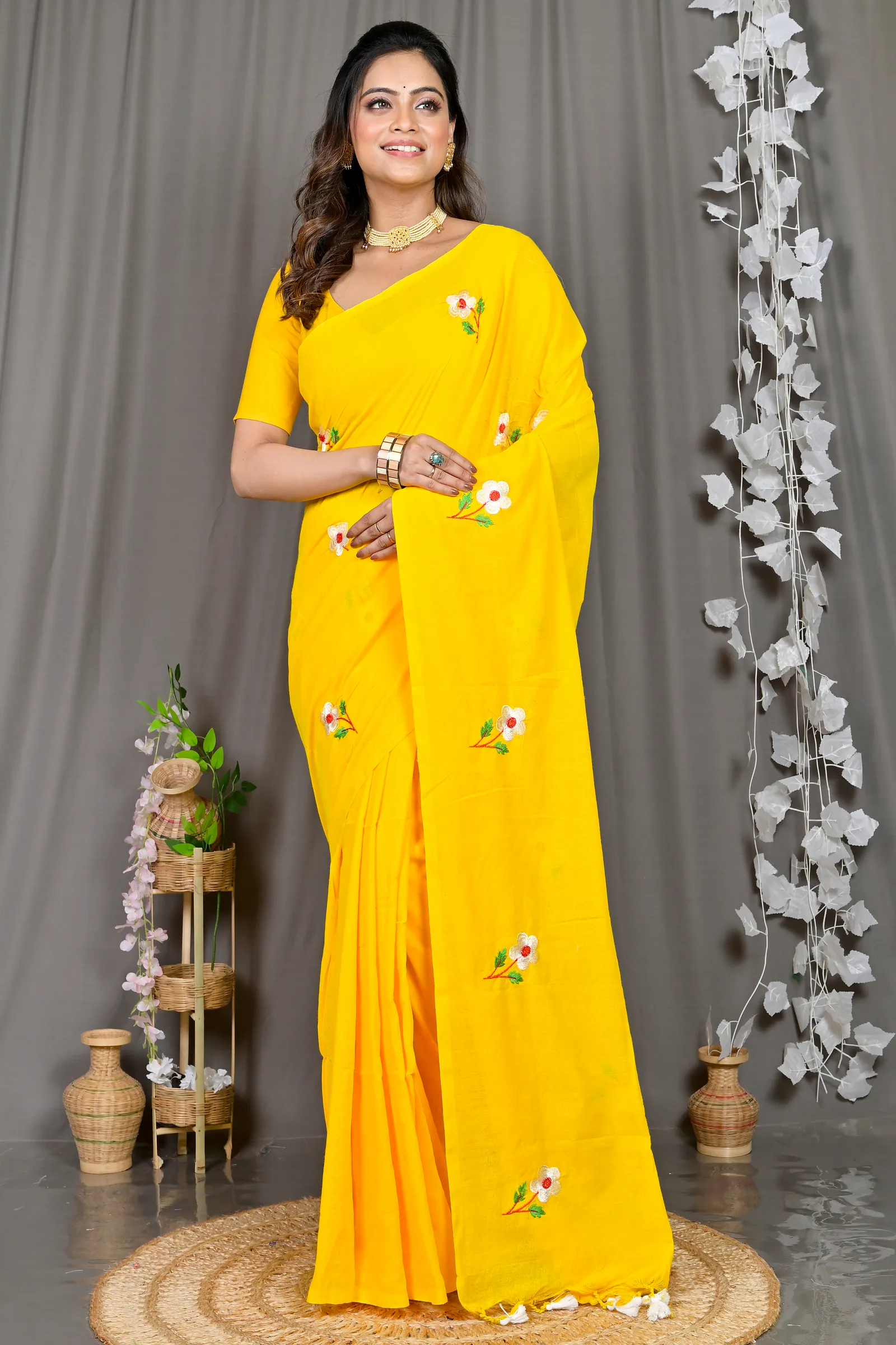 Yellow Pure Cotton Paray Embroidery Handloom saree