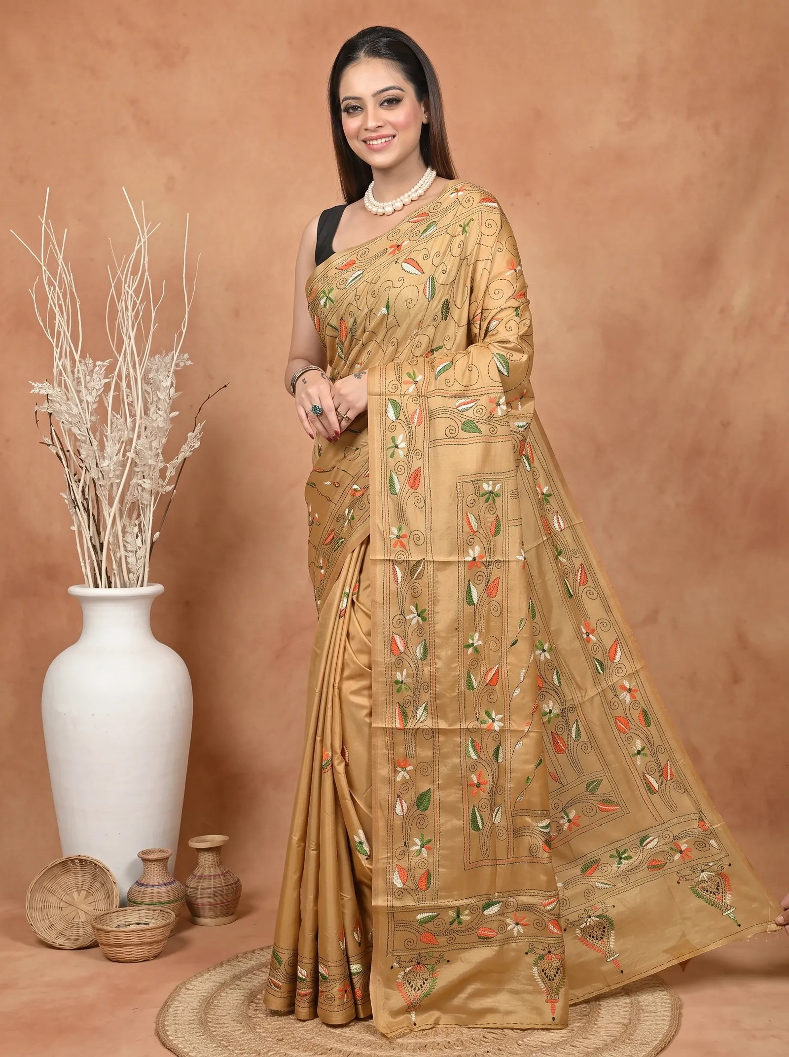 DipDiya Balgalor Art Silk  Artisan Crafted Brown Traditional Bengali Bolpur Kantha Stitch Saree