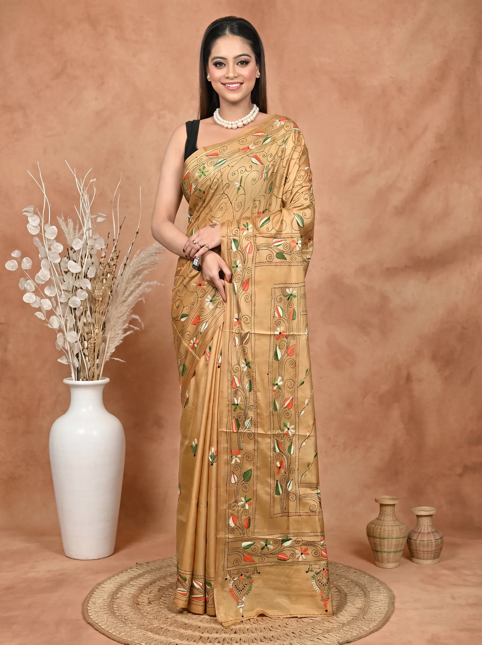 DipDiya Balgalor Art Silk  Artisan Crafted Brown Traditional Bengali Bolpur Kantha Stitch Saree