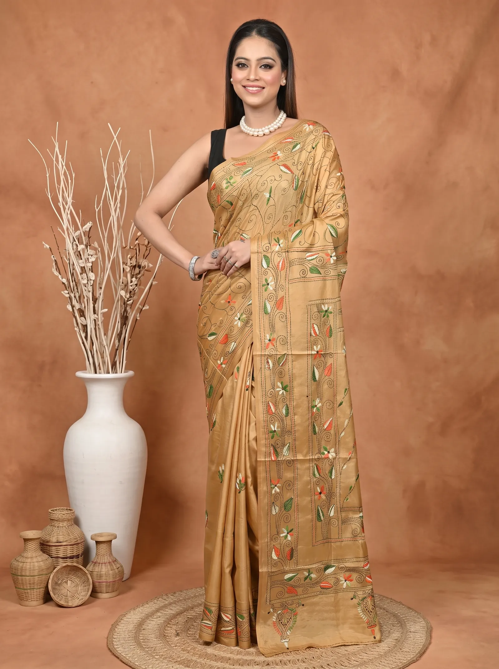 DipDiya Balgalor Art Silk  Artisan Crafted Brown Traditional Bengali Bolpur Kantha Stitch Saree