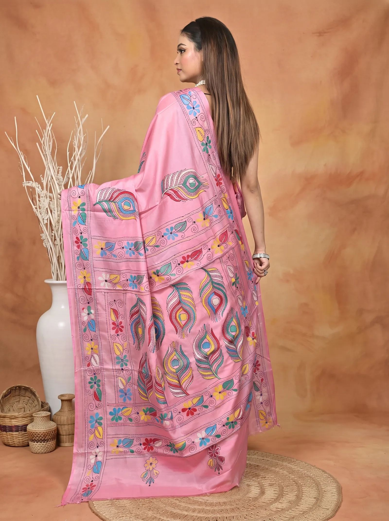 DipDiya Balgalor Art Silk  Artisan Crafted Pink Traditional Bengali Bolpur Kantha Stitch Saree