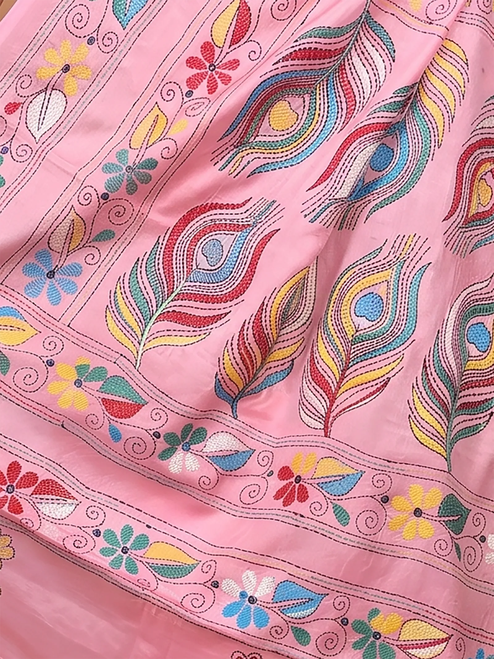 DipDiya Balgalor Art Silk  Artisan Crafted Pink Traditional Bengali Bolpur Kantha Stitch Saree