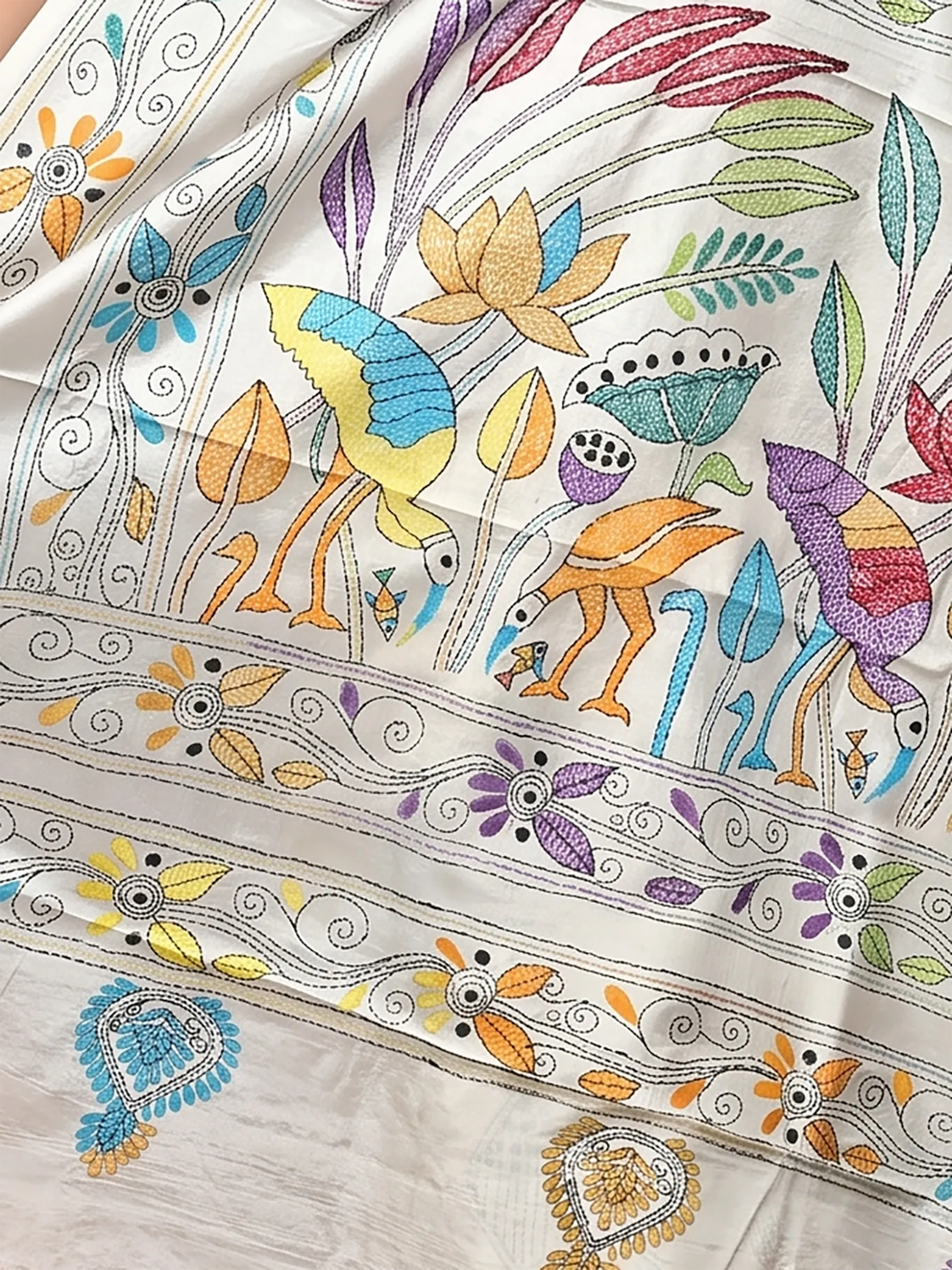 DipDiya Balgalor Art Silk  Artisan Crafted White Traditional Bengali Bolpur Kantha Stitch Saree