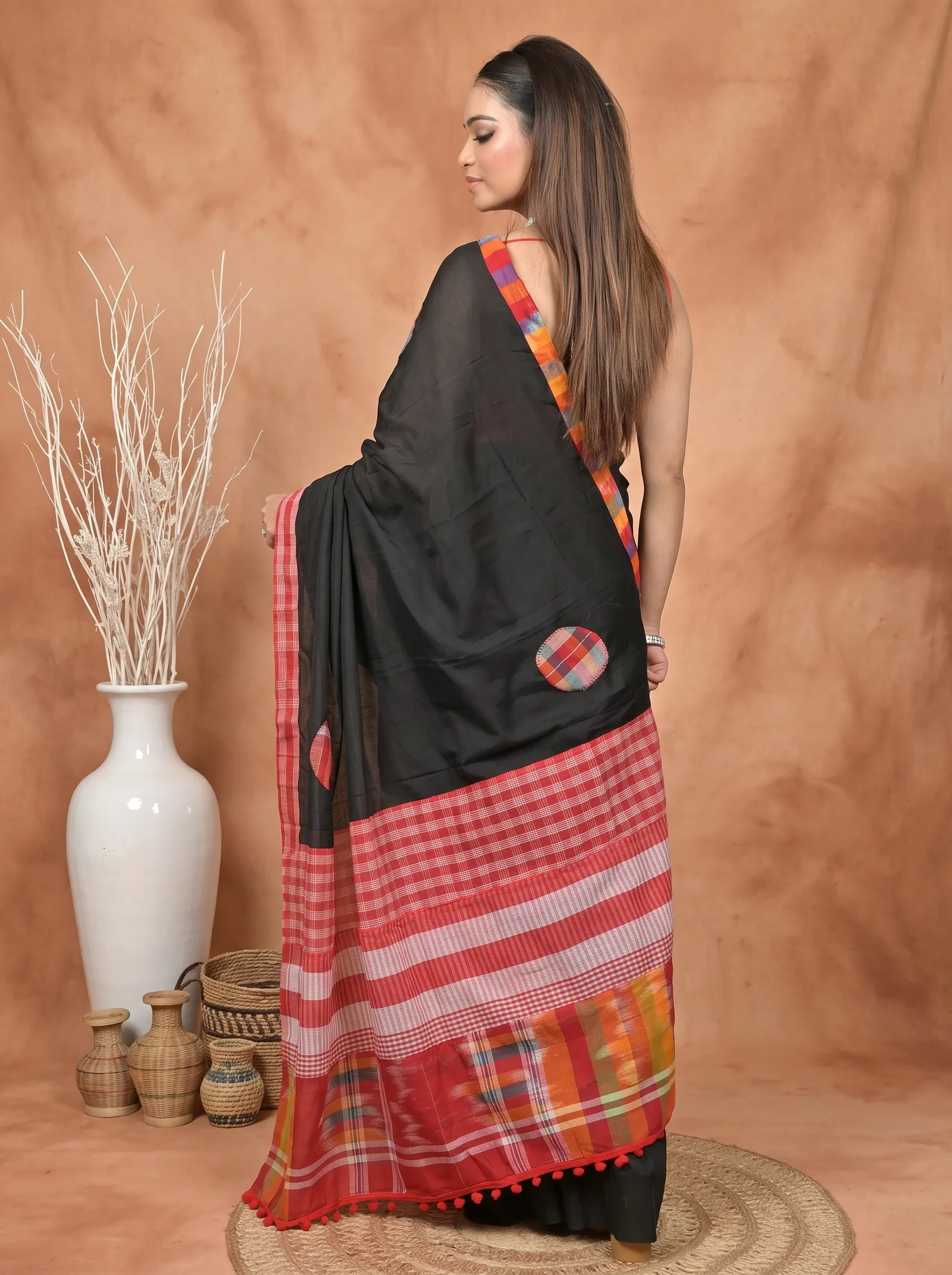 DipDiya Blended Cotton  Artisan Crafted Black Red Traditional Bengali Aplika Mix Applique Saree
