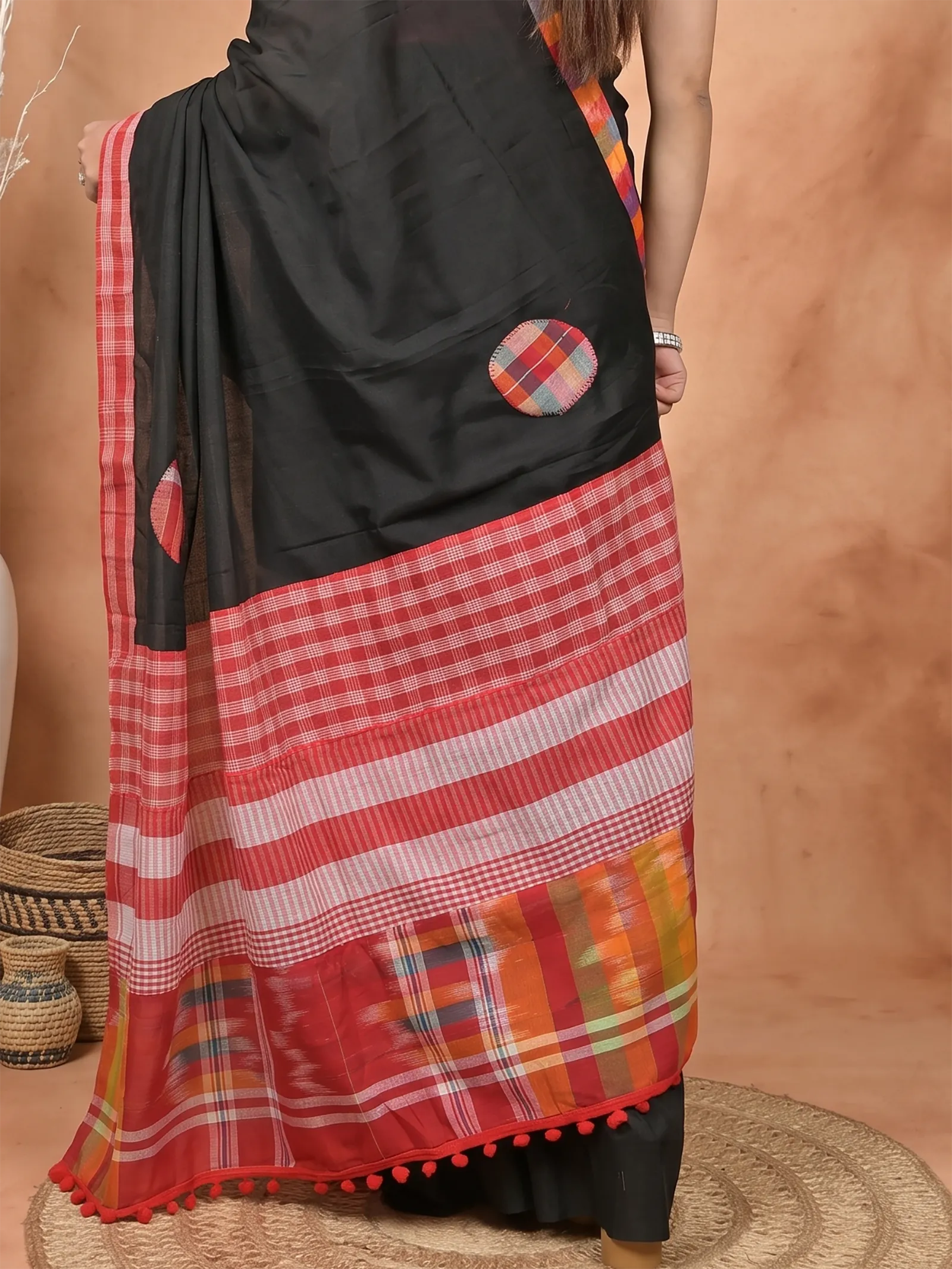 DipDiya Blended Cotton  Artisan Crafted Black Red Traditional Bengali Aplika Mix Applique Saree
