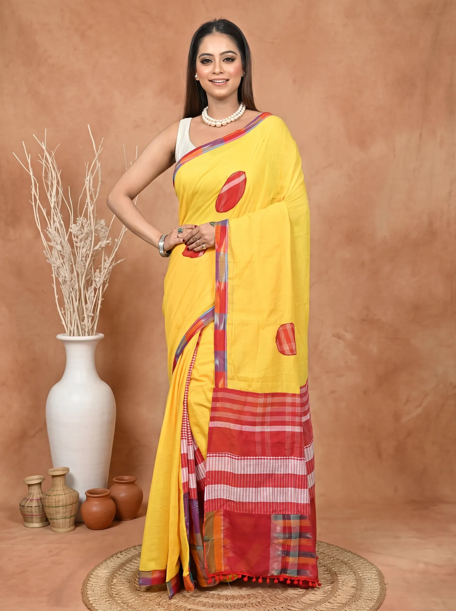 DipDiya Blended Cotton  Artisan Crafted Yellow Red Traditional Bengali Aplika Mix Applique Saree