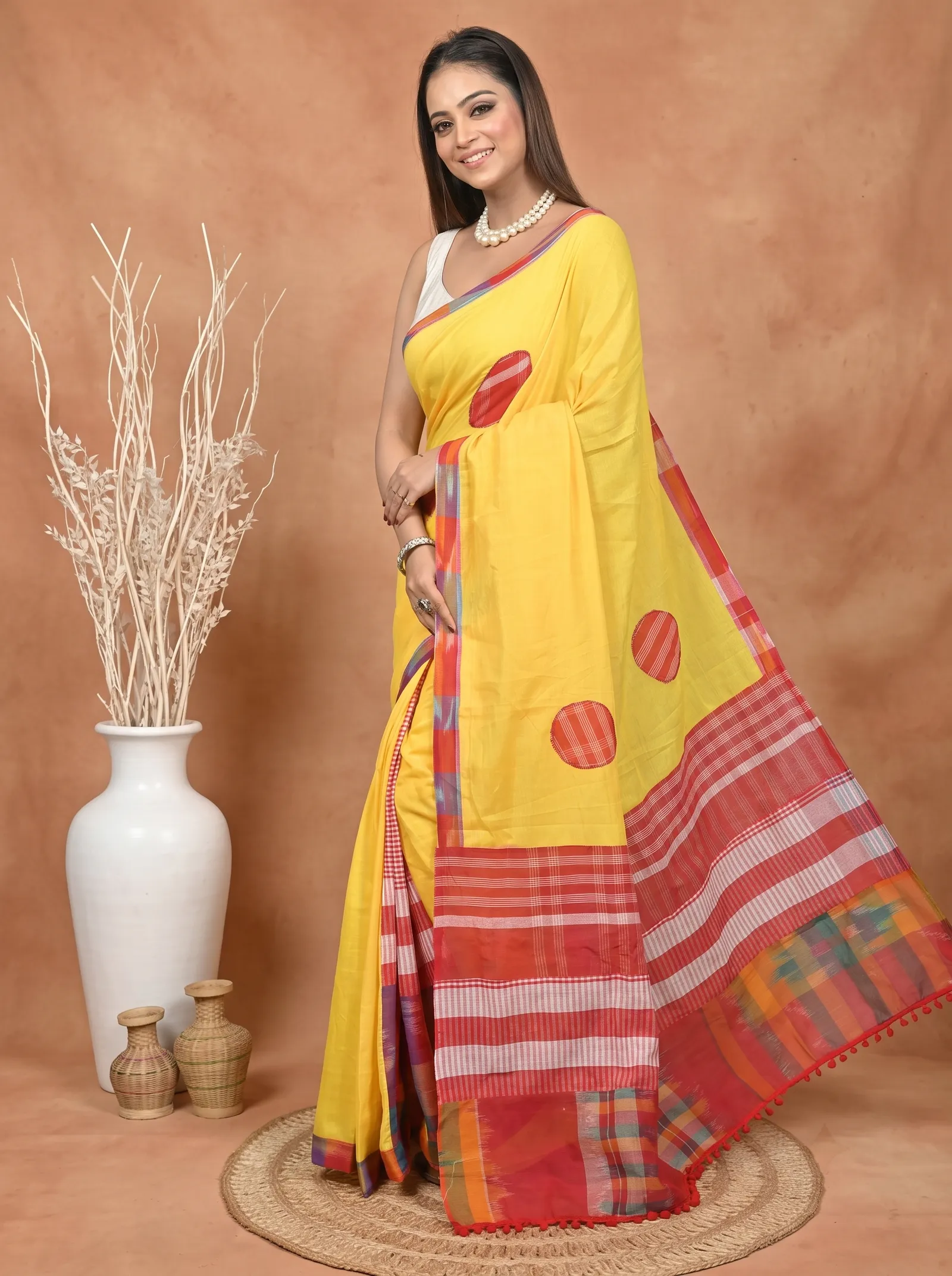 DipDiya Blended Cotton  Artisan Crafted Yellow Red Traditional Bengali Aplika Mix Applique Saree