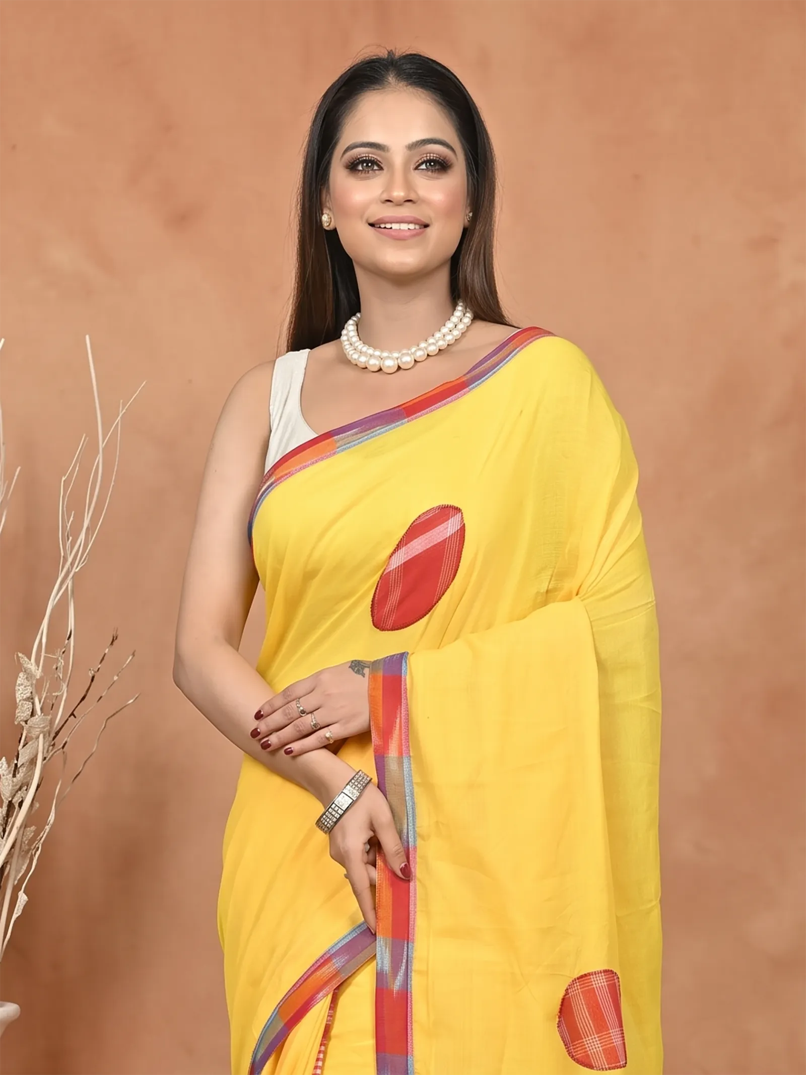 DipDiya Blended Cotton  Artisan Crafted Yellow Red Traditional Bengali Aplika Mix Applique Saree