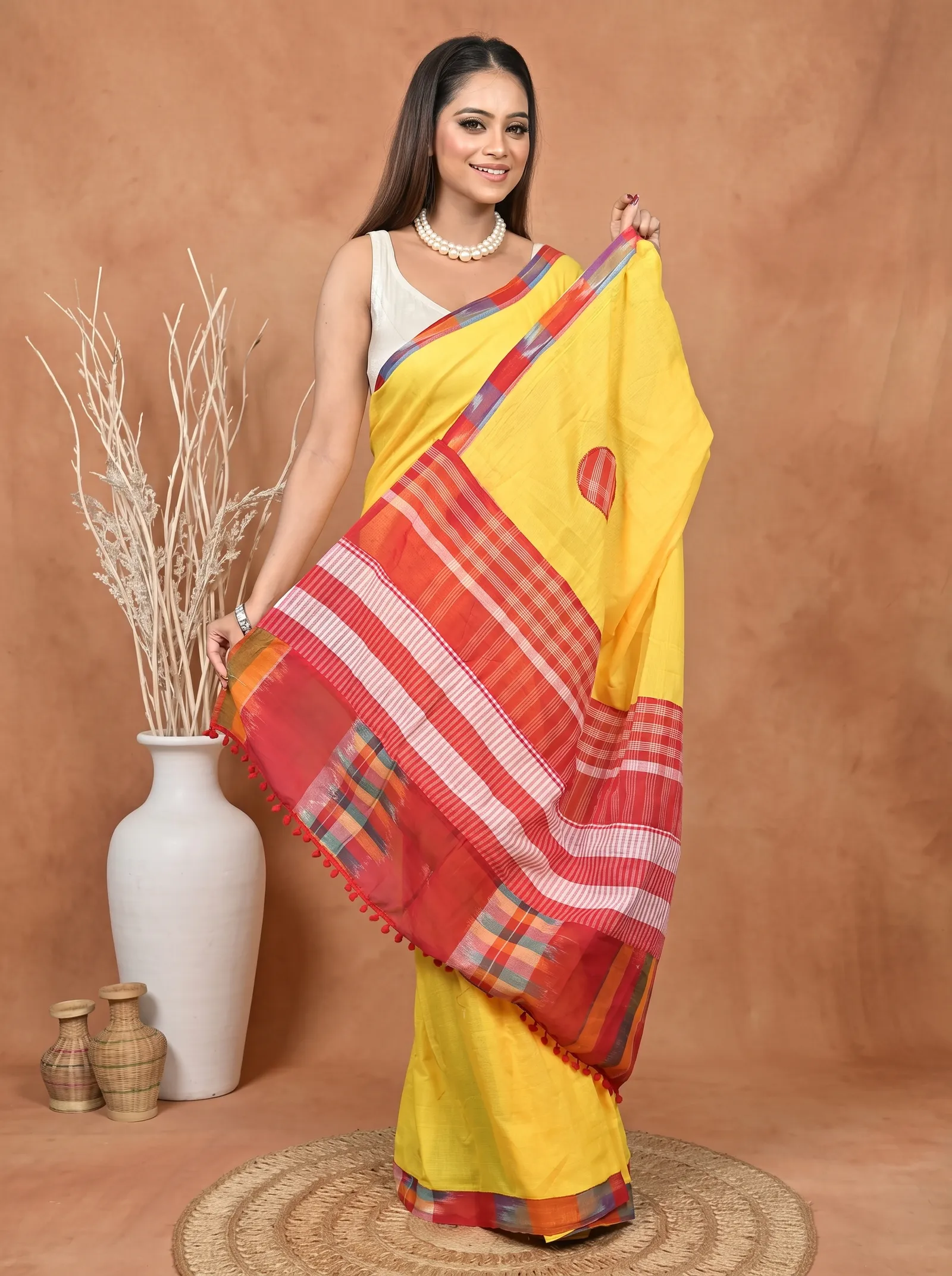 DipDiya Blended Cotton  Artisan Crafted Yellow Red Traditional Bengali Aplika Mix Applique Saree