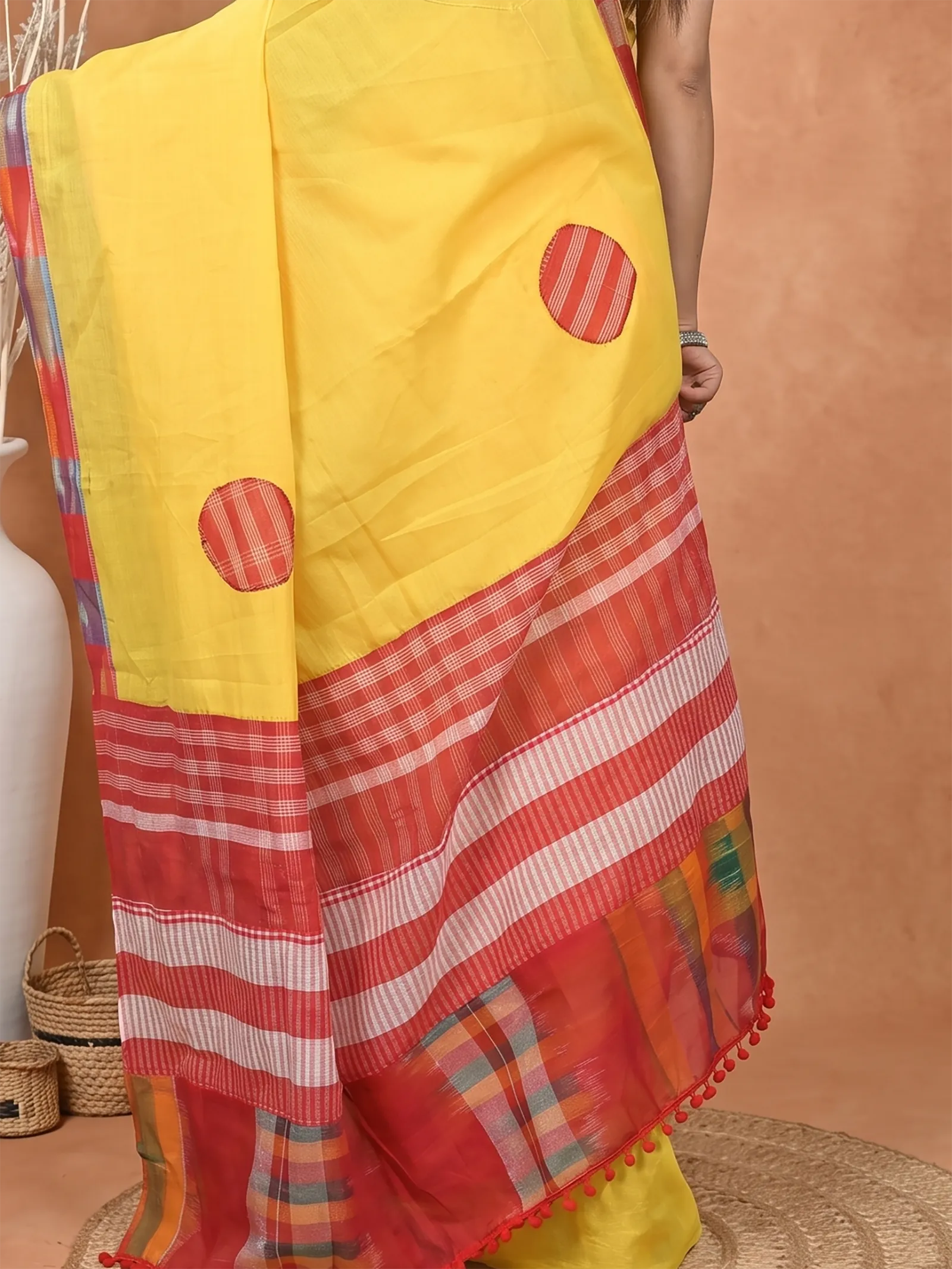 DipDiya Blended Cotton  Artisan Crafted Yellow Red Traditional Bengali Aplika Mix Applique Saree