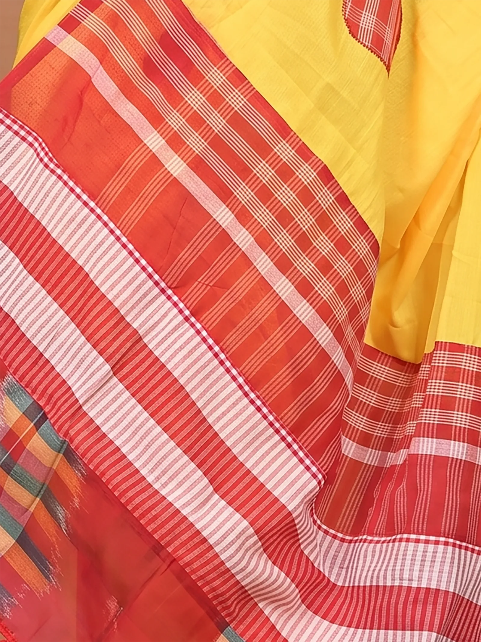 DipDiya Blended Cotton  Artisan Crafted Yellow Red Traditional Bengali Aplika Mix Applique Saree