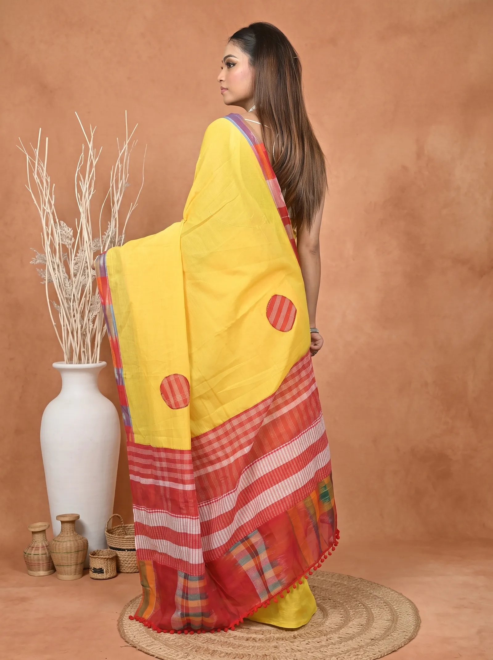 DipDiya Blended Cotton  Artisan Crafted Yellow Red Traditional Bengali Aplika Mix Applique Saree