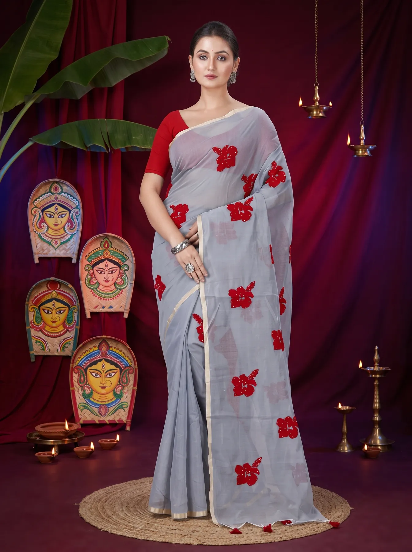 DipDiya Blended Cotton Ash Joba Traditional Bengali Handloom Sarees
