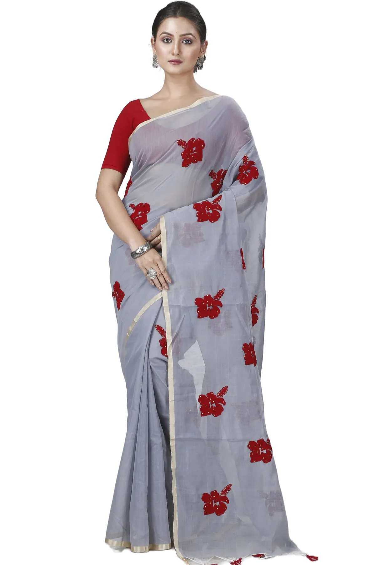 DipDiya Blended Cotton Ash Joba Traditional Bengali Handloom Sarees