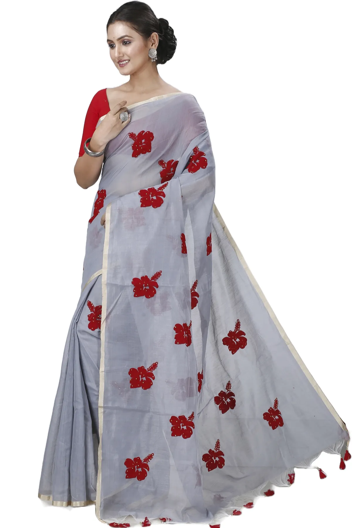 DipDiya Blended Cotton Ash Joba Traditional Bengali Handloom Sarees