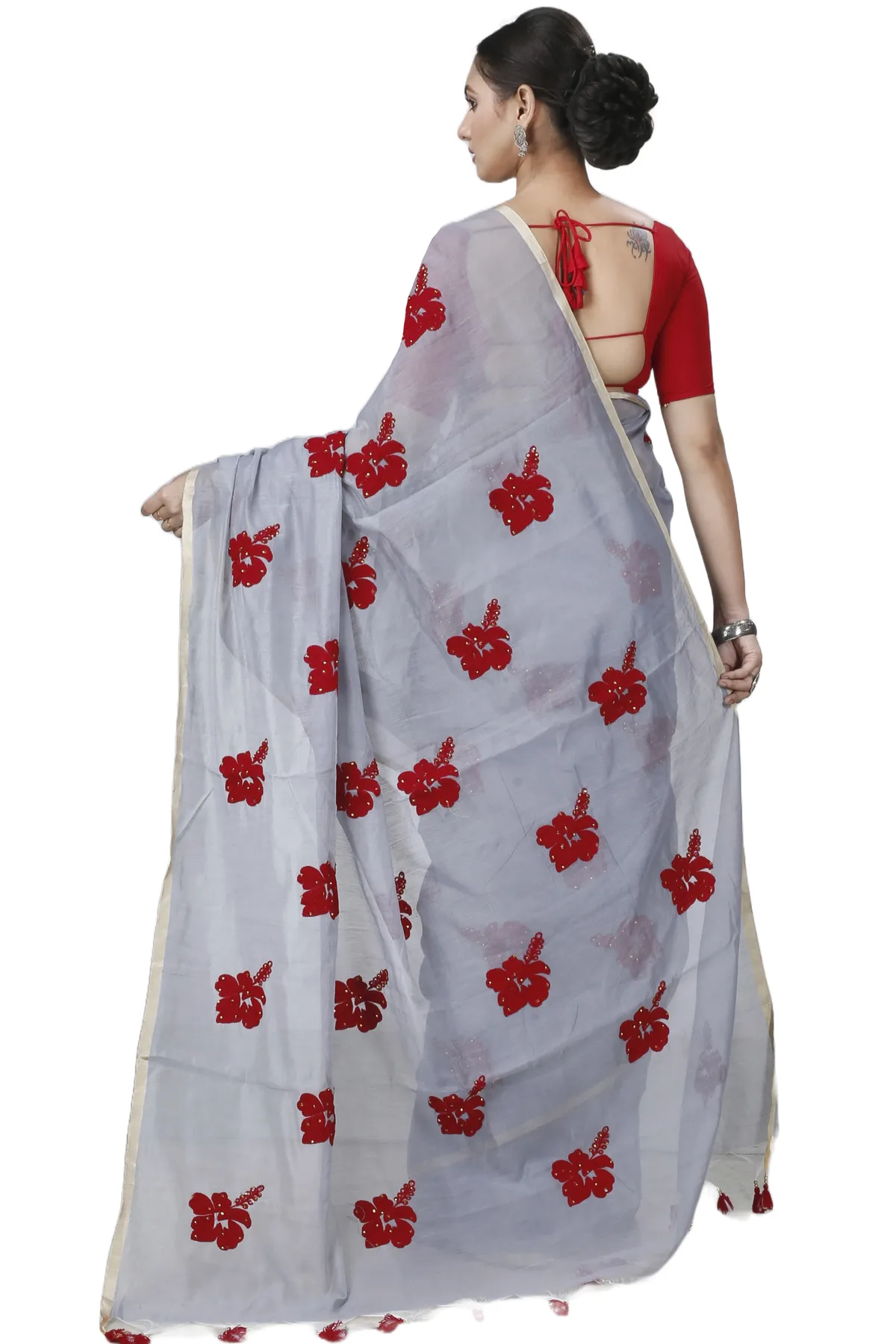 DipDiya Blended Cotton Ash Joba Traditional Bengali Handloom Sarees