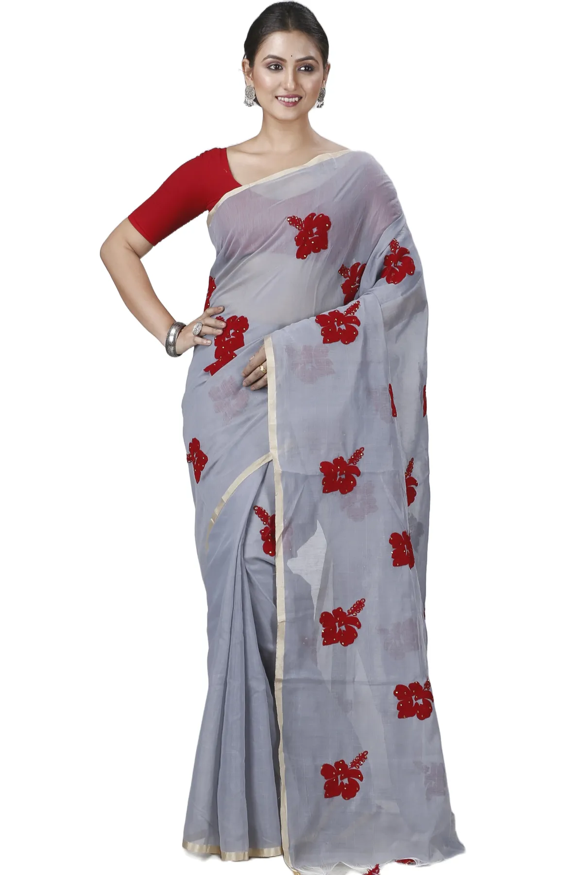 DipDiya Blended Cotton Ash Joba Traditional Bengali Handloom Sarees