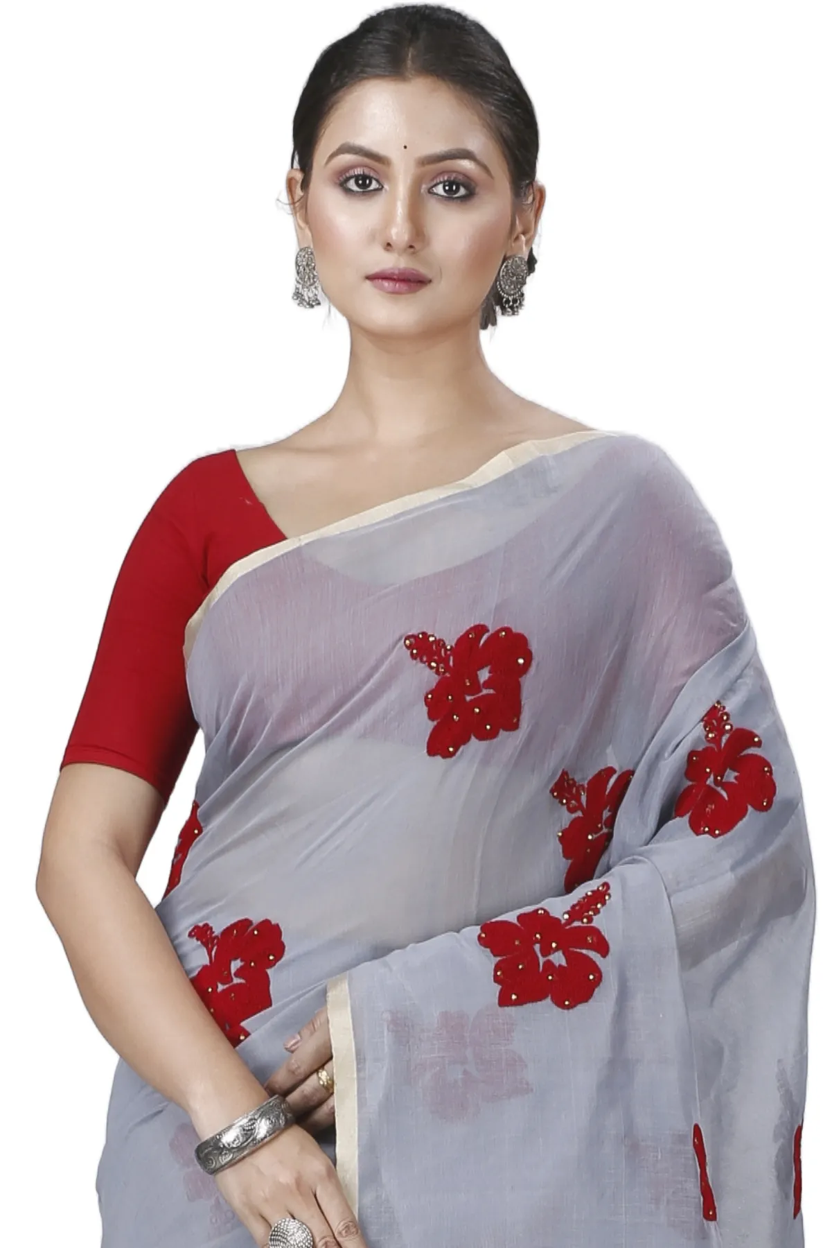 DipDiya Blended Cotton Ash Joba Traditional Bengali Handloom Sarees