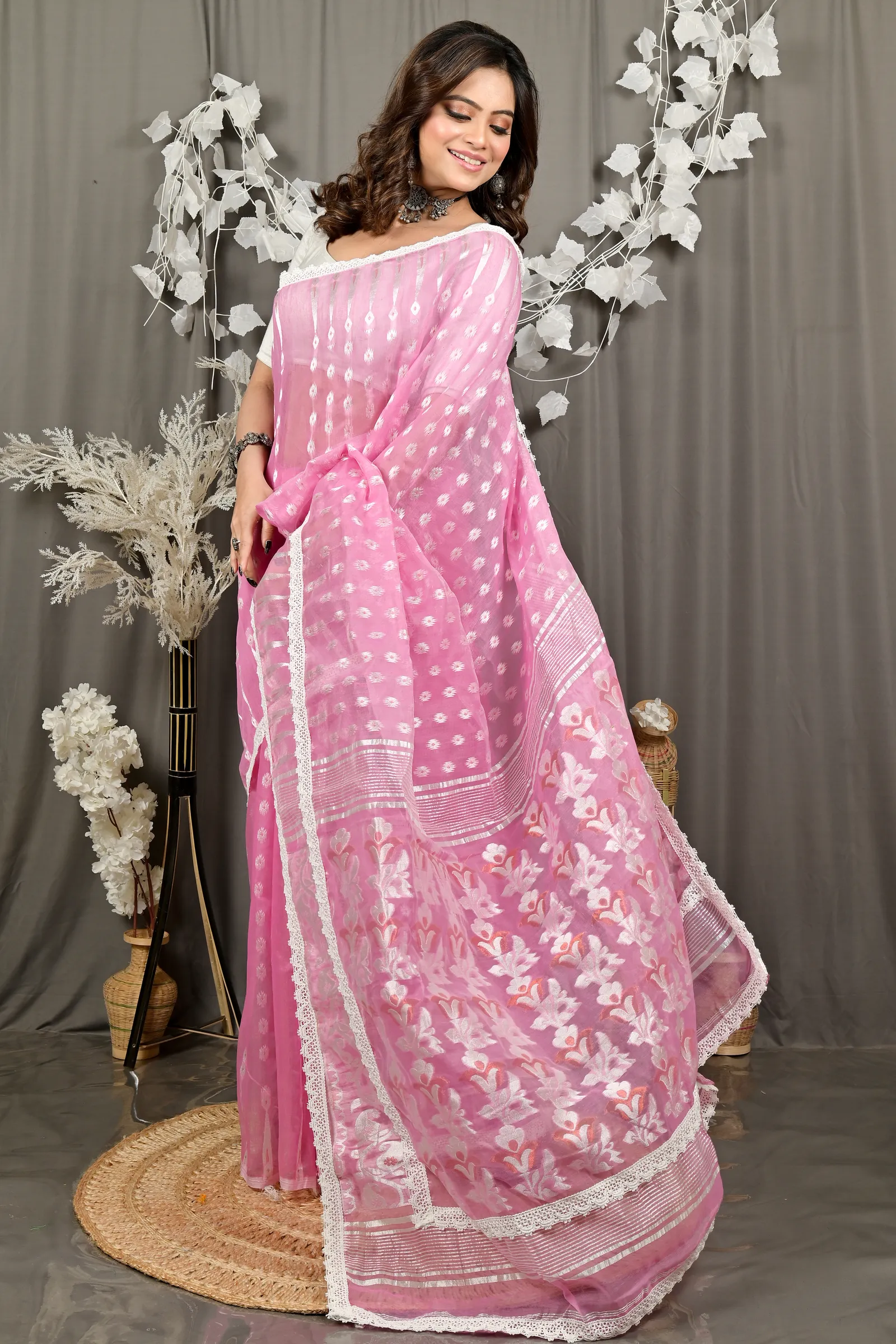 DipDiya Blended Cotton Baby Pink Fipui Wrapped in Heritage Jamdani Sarees