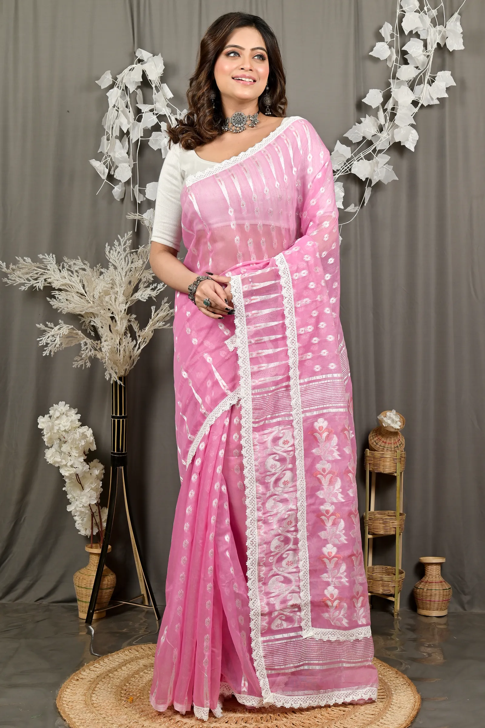 DipDiya Blended Cotton Baby Pink Fipui Wrapped in Heritage Jamdani Sarees
