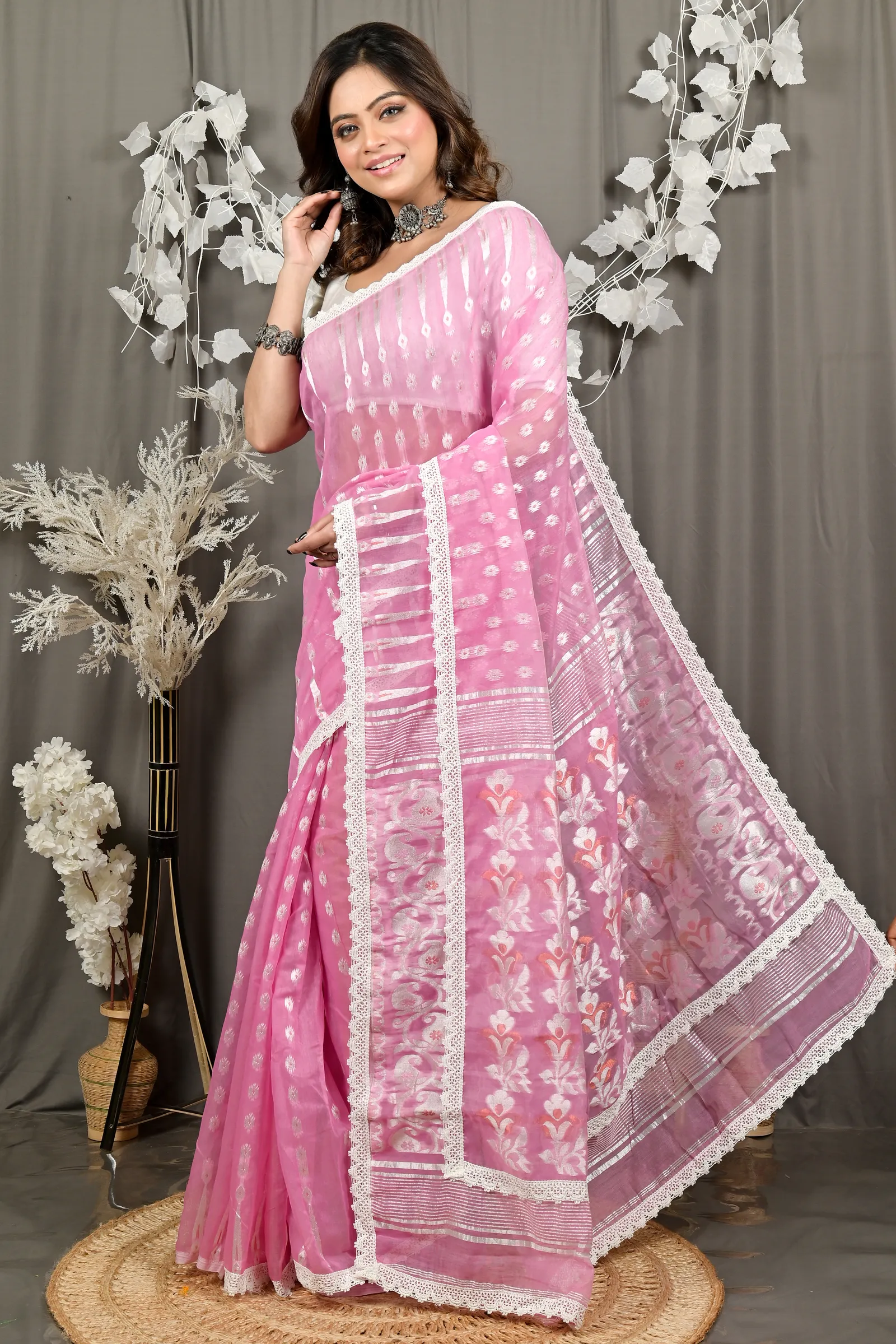 DipDiya Blended Cotton Baby Pink Fipui Wrapped in Heritage Jamdani Sarees