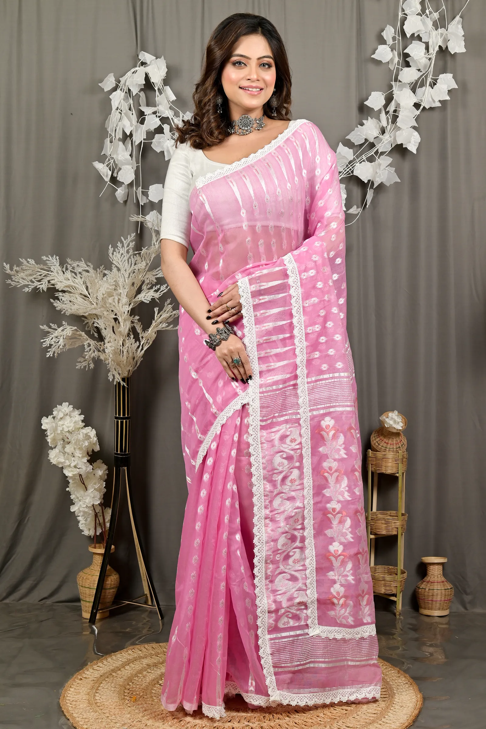 DipDiya Blended Cotton Baby Pink Fipui Wrapped in Heritage Jamdani Sarees