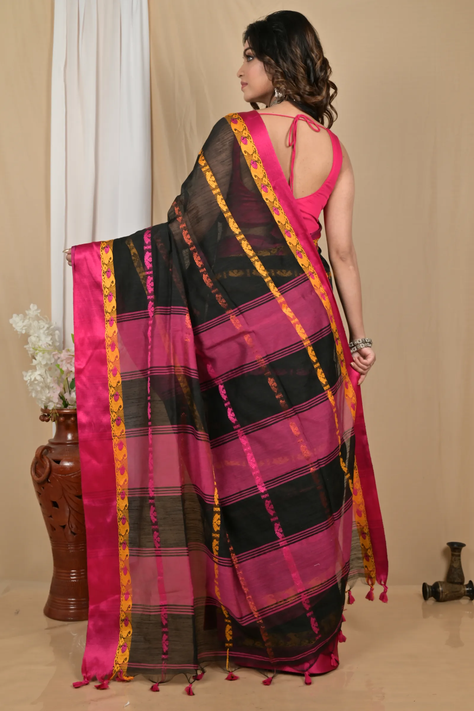 DipDiya Blended Cotton Black Purple Achsit Bengal in Every Thread Handloom Sarees