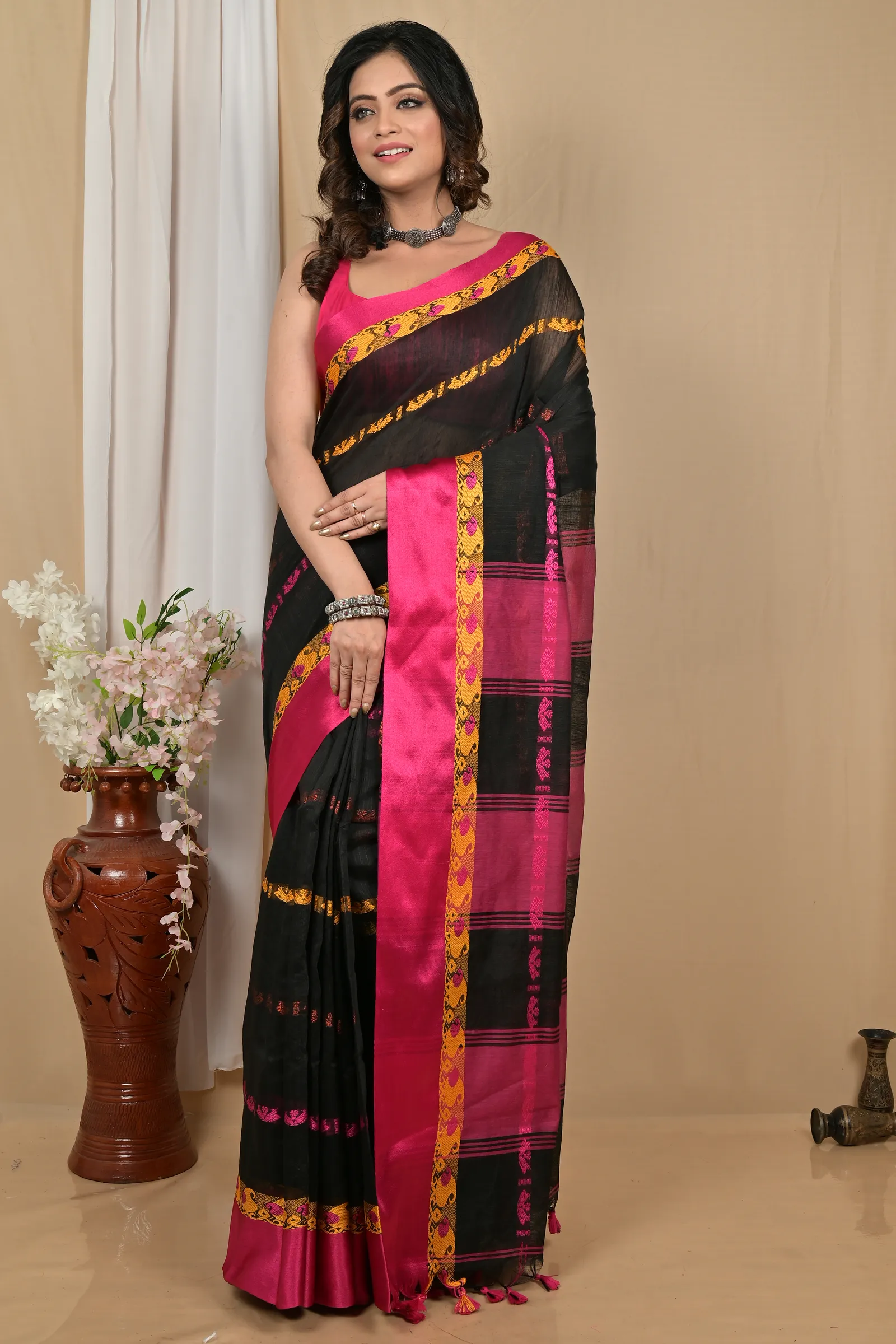 DipDiya Blended Cotton Black Purple Achsit Bengal in Every Thread Handloom Sarees