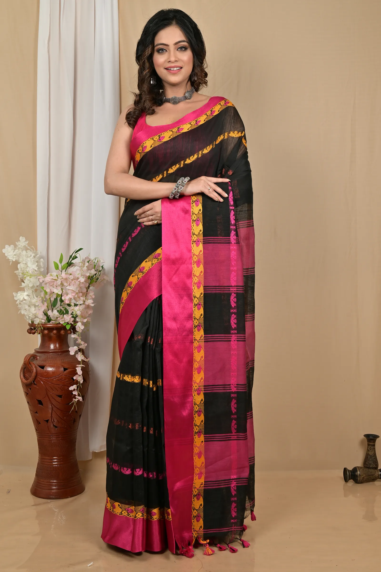 DipDiya Blended Cotton Black Purple Achsit Bengal in Every Thread Handloom Sarees