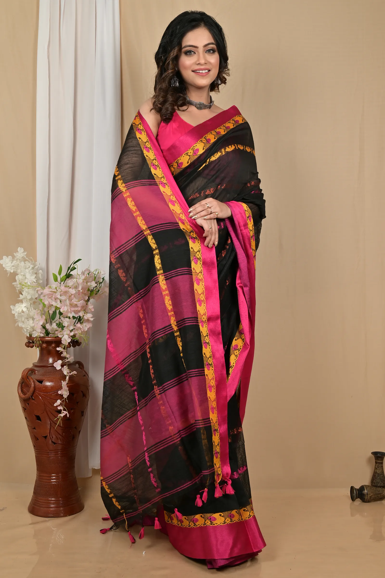 DipDiya Blended Cotton Black Purple Achsit Bengal in Every Thread Handloom Sarees
