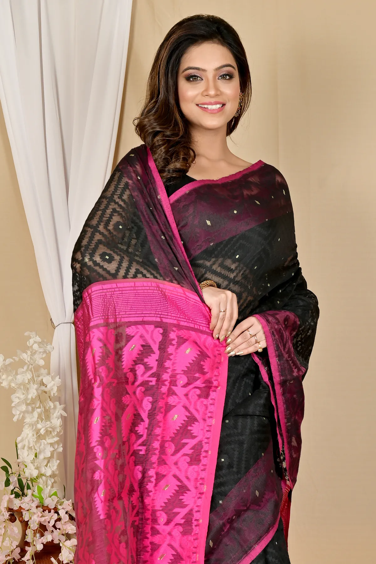 DipDiya Blended Cotton Black Purple Krokai A Legacy Woven Jamdani Sarees